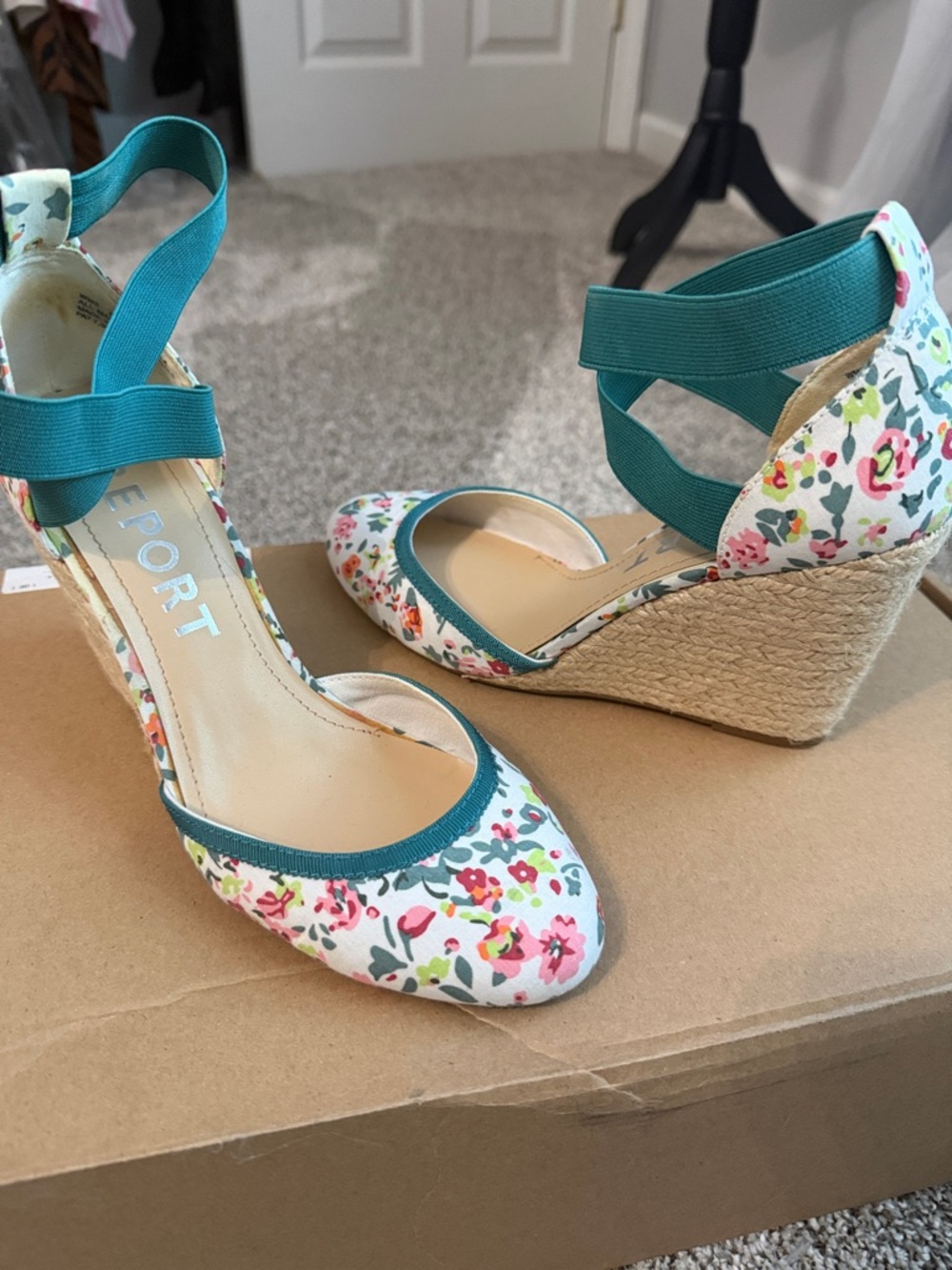 Report Floral Espadrille Wedges in Teal, White, Pink and Green